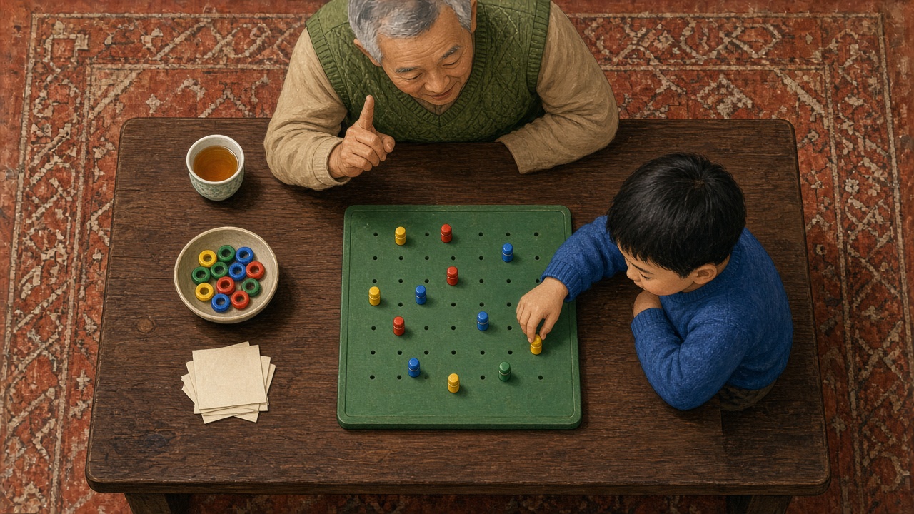 爷爷竖起手指报位置,男孩把一根黄色竹节棒插进操作板的小孔