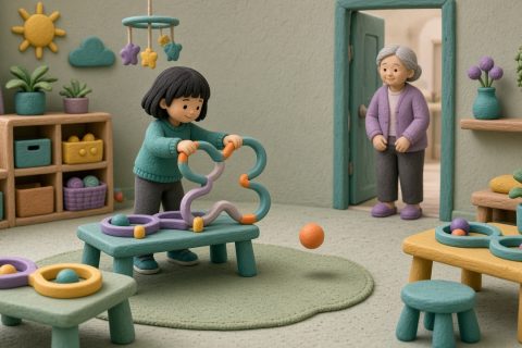 少年宫活动室里，女孩双手端着8字轨道，小球在弯口飞了出去，外婆在门口看着