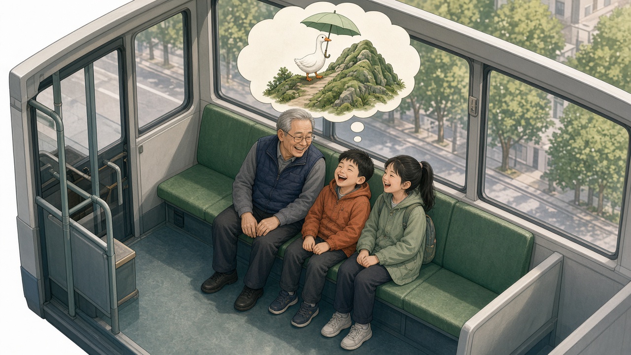 公交车上,爷爷和两个孙辈一起编出打着伞爬山的鹅,笑成一团