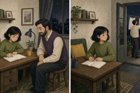 爸爸坐在旁边时女孩安心写作业，爸爸去阳台收衣服后她停笔回头张望