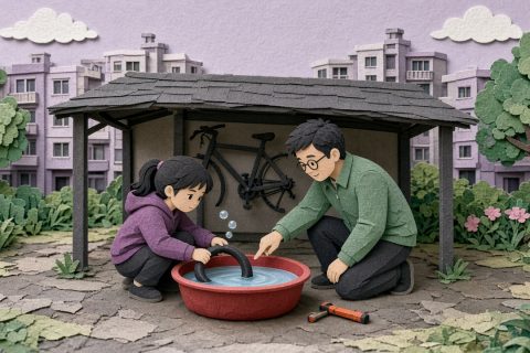 小区车棚旁，九岁女孩蹲在红色水盆边按着内胎找漏气，爸爸指着她左手边冒出的气泡