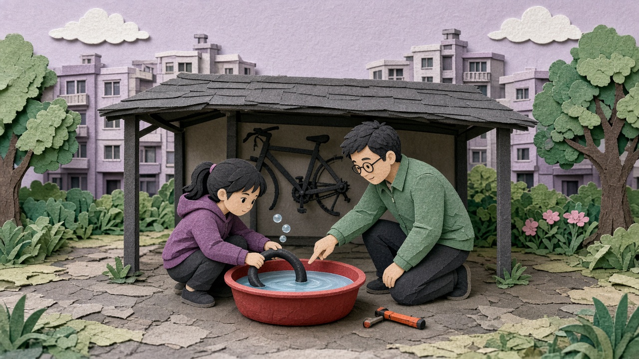 小区车棚旁,九岁女孩蹲在红色水盆边按着内胎找漏气,爸爸指着她左手边冒出的气泡