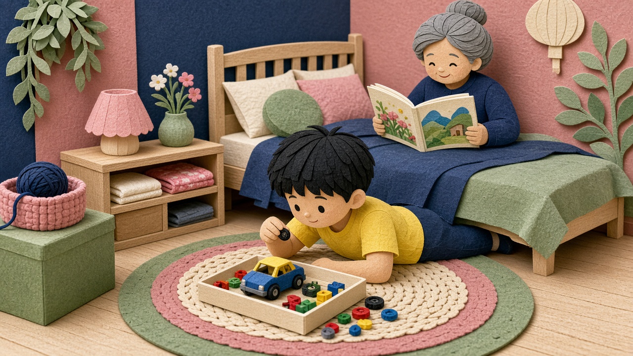卧室地垫上,男孩趴着专心拼装小车模型,奶奶坐在床边念绘本,他没有抬头