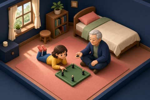 外公和孙女在卧室地垫上数方板四角的黑珠
