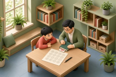 社区图书馆自习角，爸爸合上本子不让看目标卡，二年级男孩侧耳听口令