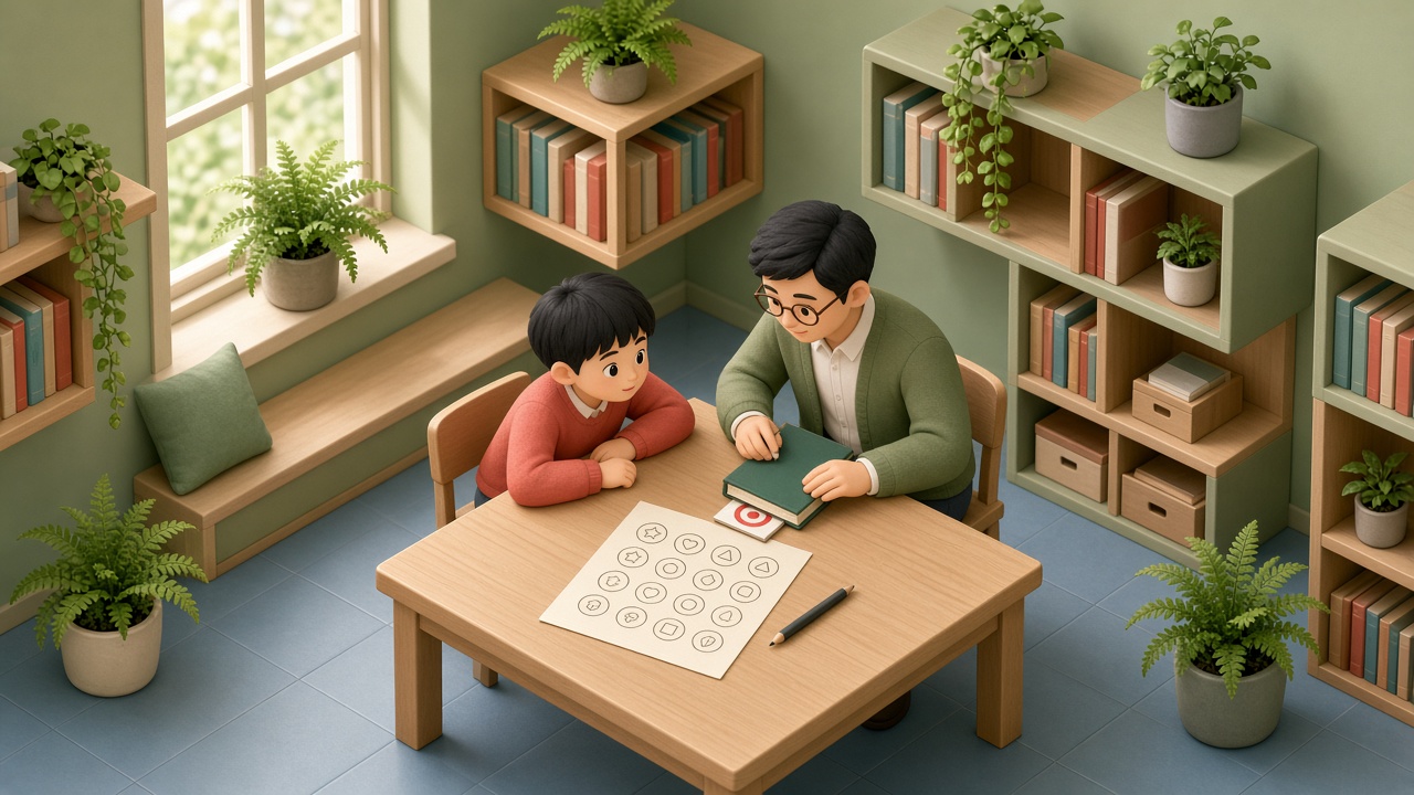 社区图书馆自习角,爸爸合上本子不让看目标卡,二年级男孩侧耳听口令
