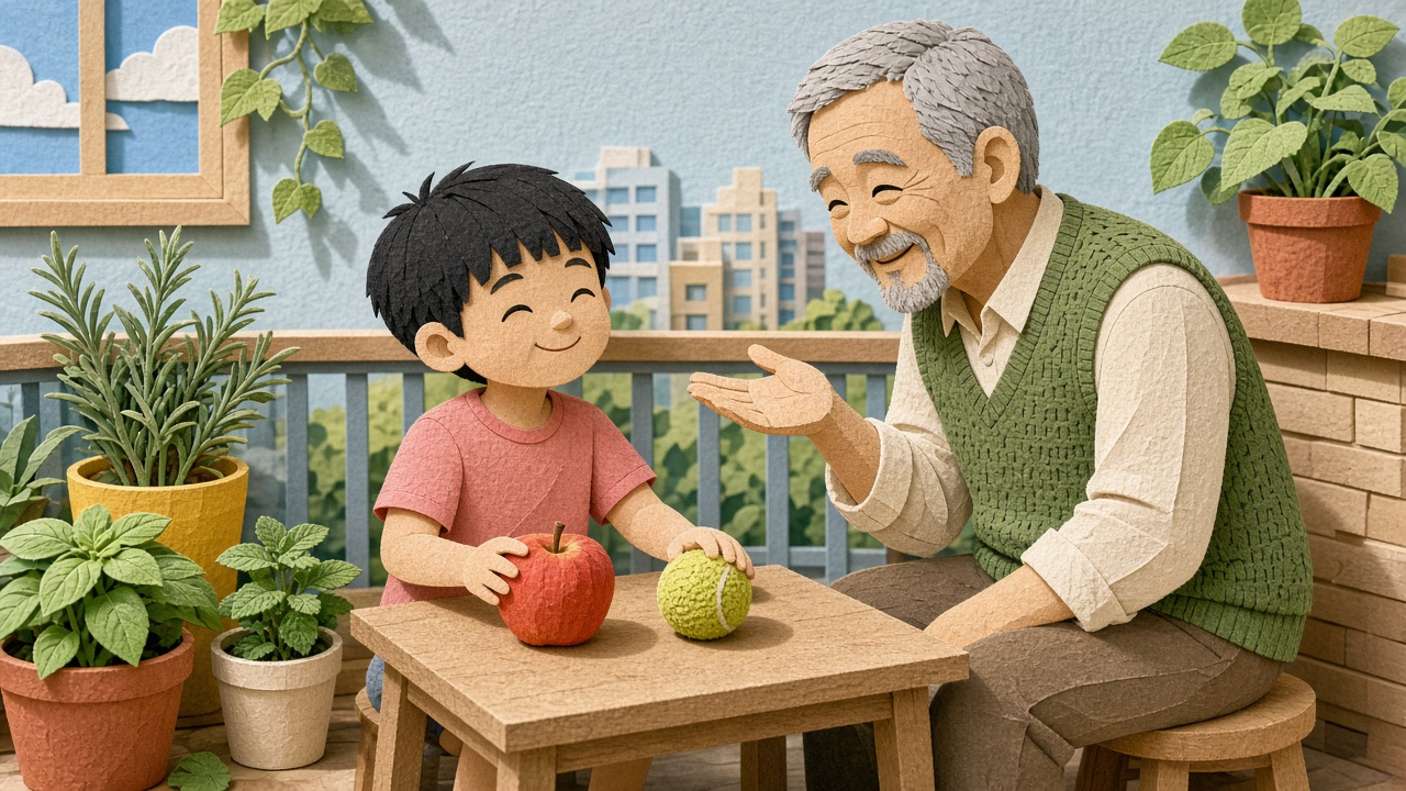 阳台小桌旁,男孩闭着眼摸苹果和网球,外公在一旁换着问法