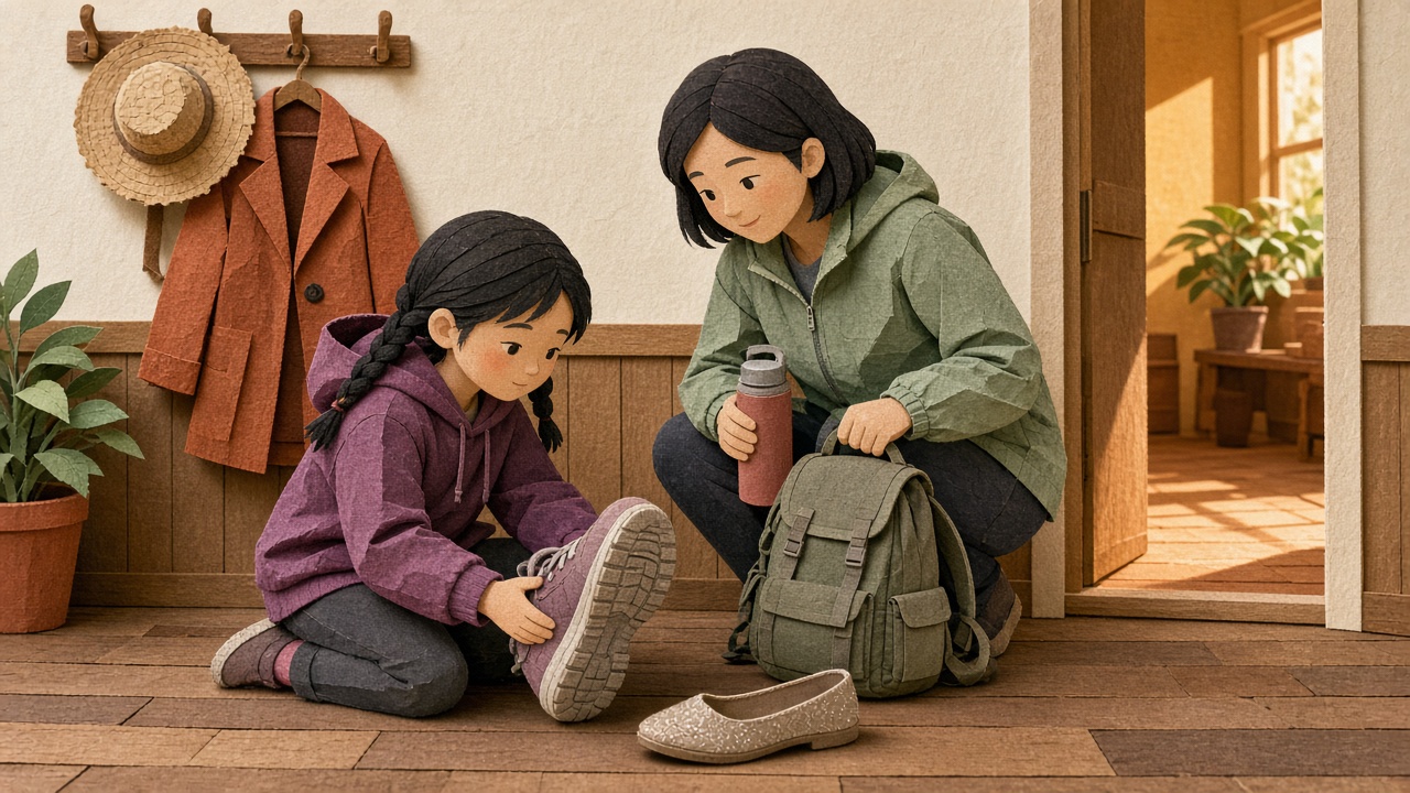 爬山出门前,女孩翻过运动鞋看鞋底纹路,妈妈拿着背包蹲在旁边