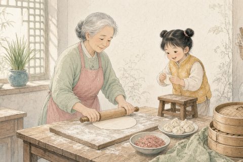 外婆擀饺子皮，小外孙女站在板凳上边捏饺子边唱儿歌