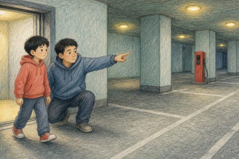 地下车库电梯口男孩往右迈爸爸蹲下伸手指左侧柱