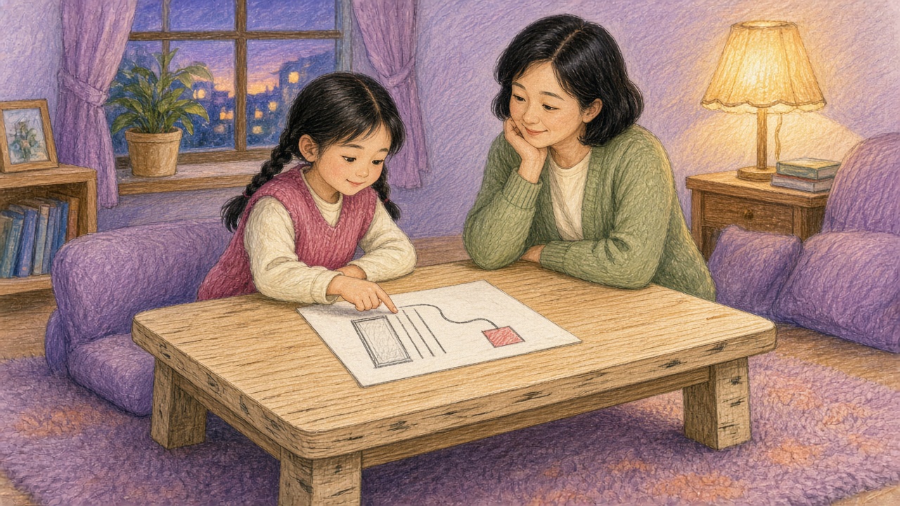 客厅矮桌女孩用手指点纸上柱线路线妈妈旁看