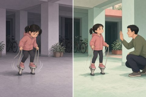 小区架空层里，女孩踩高跷低头盯脚时身体歪斜，抬头看向前方爸爸的手时走得平稳