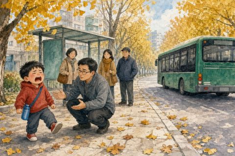 公交车刚开走，男孩在站台上跺脚大哭，爸爸蹲下安抚