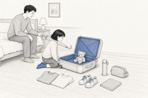 女孩跪在卧室地板上整理行李箱，爸爸坐在床边递过雨伞