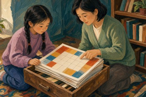 周末书房抽屉翻开，双辫女孩与妈妈围着一叠旧台历芯，女孩手指点在空白日期格子上