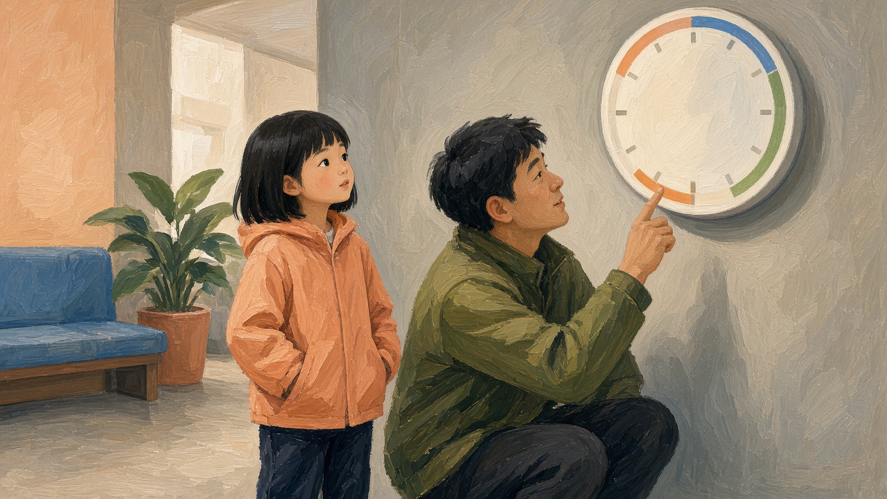 兴趣班候场走廊,波波头女孩仰看墙上圆钟,橄榄绿夹克爸爸蹲旁指钟面