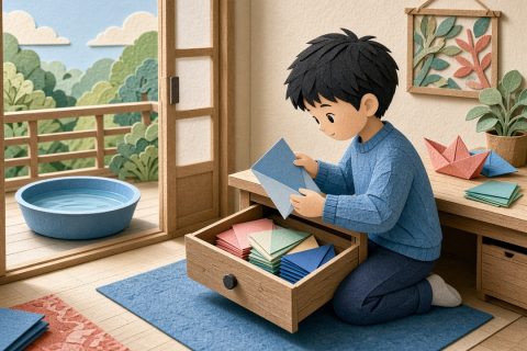书桌抽屉翻出彩纸，男孩翻看纸面，阳台栏杆边浅水盆等着折船