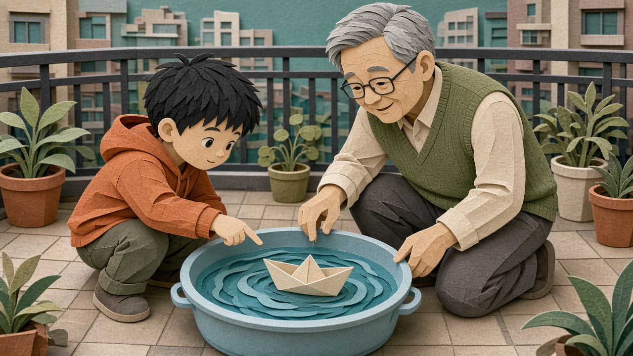 阳台浅水盆里浮着纸船,外公蹲着和男孩一起看两边船舷是否一样高