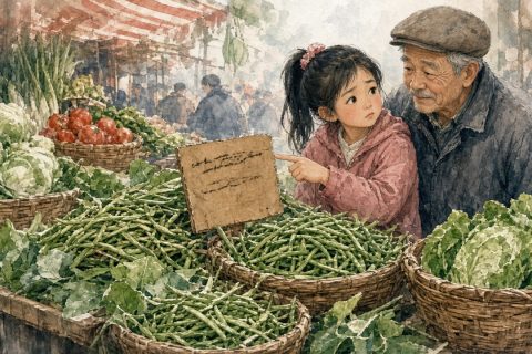 早晨的菜市场，扎马尾的女孩跟着爷爷，指着豆角摊上手写的纸板价签发愣