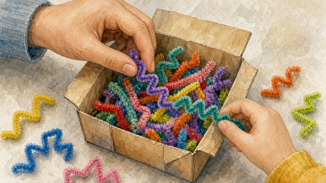 桌面特写：大人和孩子的手把弯成同一形状、颜色大小各异的扭扭棒挑进小纸盒
