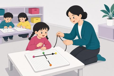 老师递给女孩一根新绳子，她面前的操作板上穿着T字棋