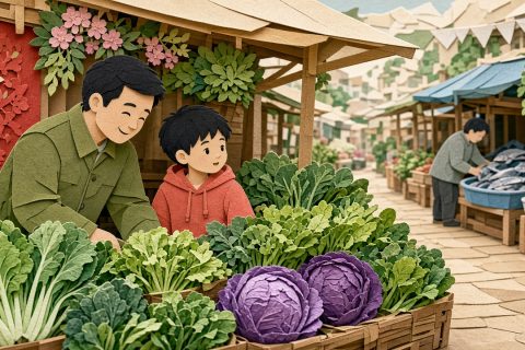 菜市场青菜摊前男孩听完空话指令走神