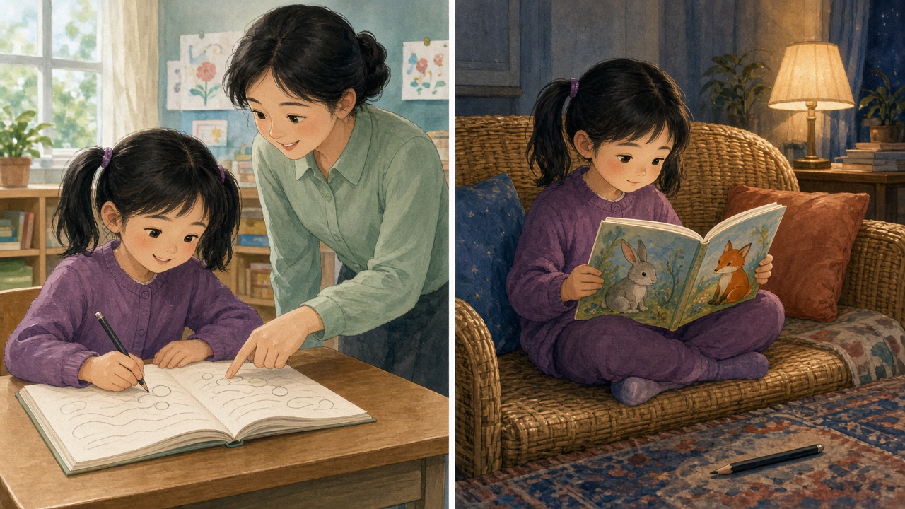 教室里老师走过来提醒，女孩一路圈字；回到家沙发上，她被故事吸引，铅笔掉在了地毯上