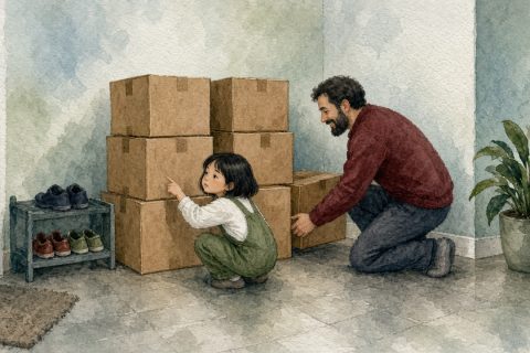 玄关里摞着两层纸箱，女孩一个个点数，爸爸从角落里拉出被挡住的一只