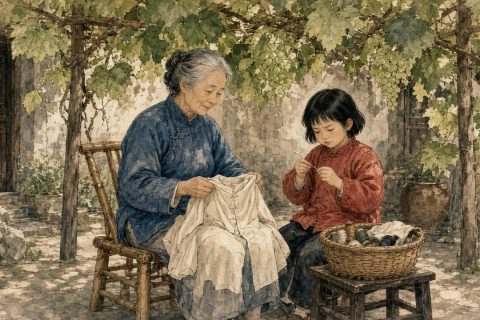 葡萄架下，外婆捧着衣服，八岁女孩眯着眼屏住气穿针