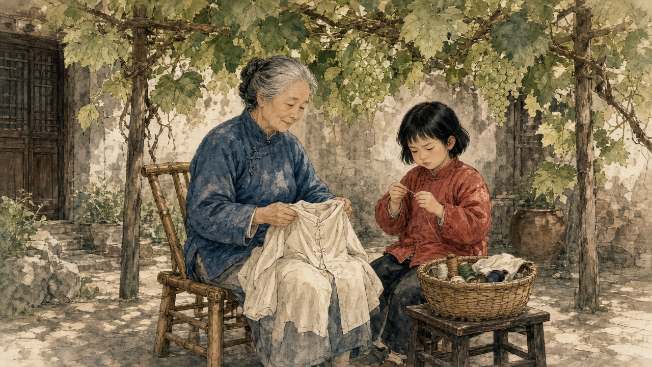 葡萄架下，外婆捧着衣服，八岁女孩眯着眼屏住气穿针