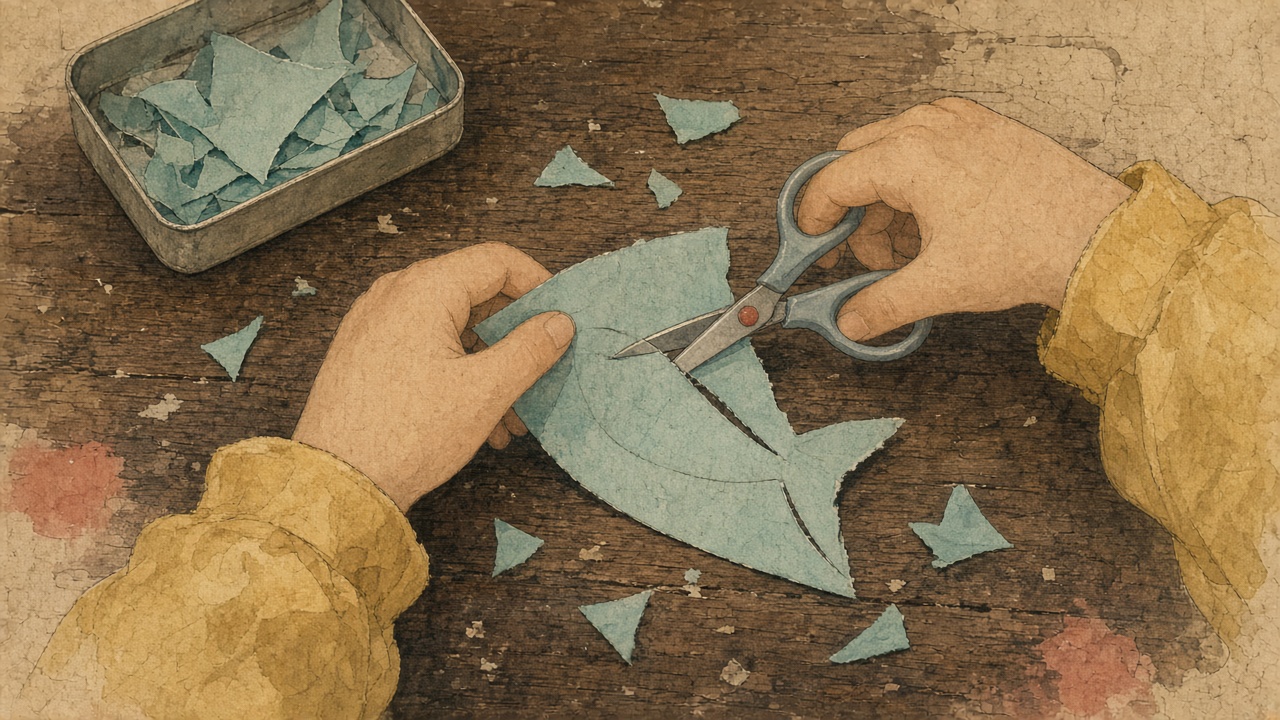 孩子的小手拿着圆头剪刀，沿铅笔弯线剪出一条小鱼的尾巴