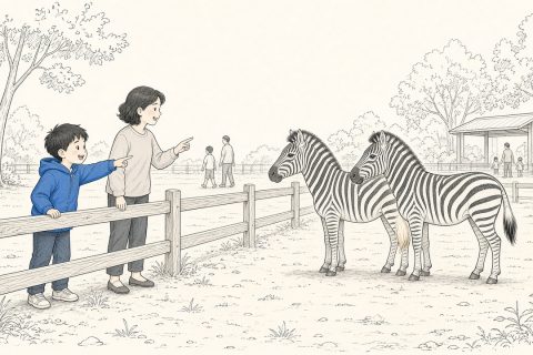 动物园斑马馆前，大班男孩趴在栏杆上指着两匹斑马，妈妈提醒他看尾巴