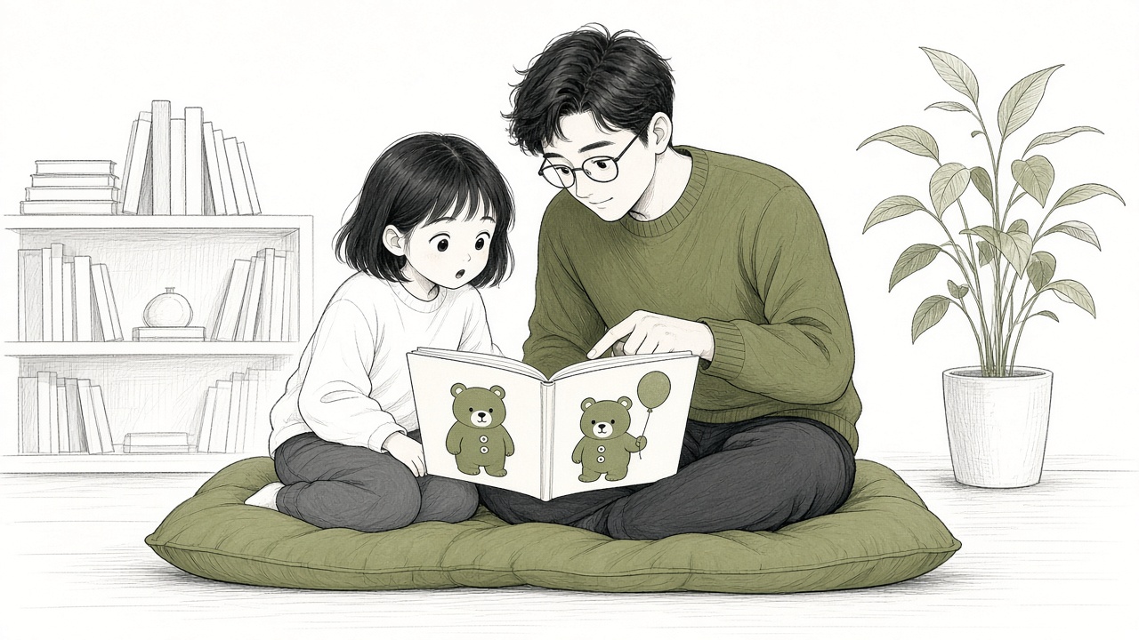 爸爸指着绘本上两只相似的小熊,女孩凑近发现了漏掉的不同