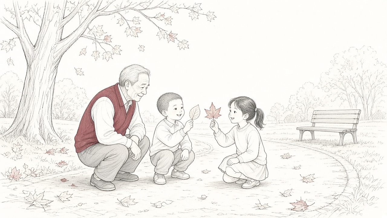公园里爷爷蹲下陪两个孩子比较两片形状不同的落叶