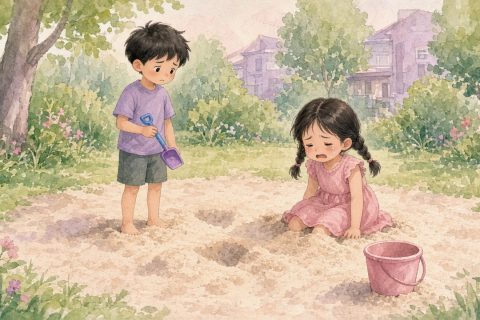 小区沙坑男孩攥铲女孩哭泣