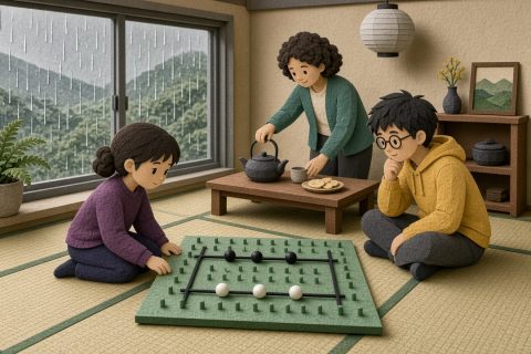雨天榻榻米房间里，女孩在铁轨形状的棋盘前摆黑白珠，表哥在旁边看
