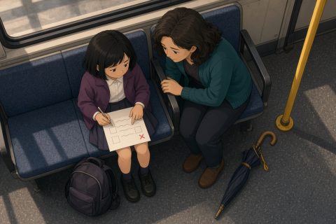 公交车上，女孩看着发下来的练习卷，妈妈侧身陪她一起看