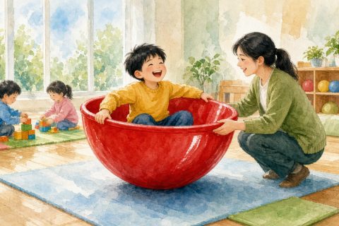 幼儿园活动区里，男孩盘腿坐在红色大陀螺中咯咯笑，老师蹲在旁边轻推边沿