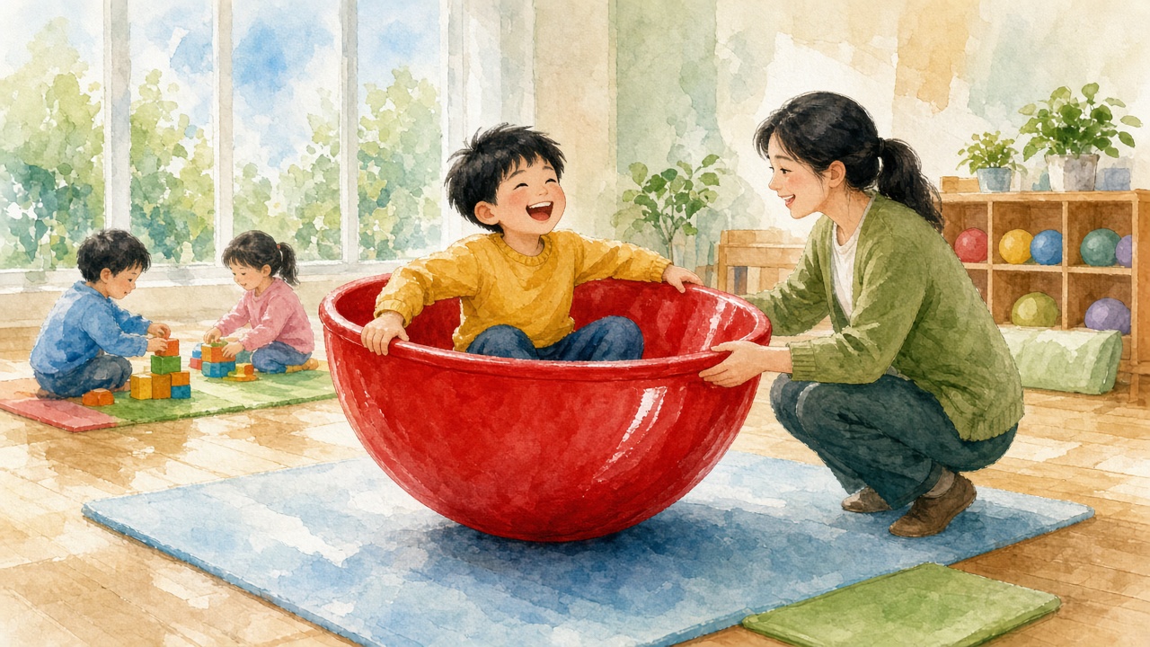 幼儿园活动区里,男孩盘腿坐在红色大陀螺中咯咯笑,老师蹲在旁边轻推边沿