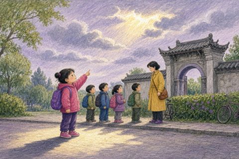 小区门口等校车的女孩指着云缝里漏下的阳光