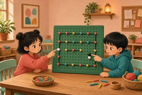 社区活动室里两个孩子对着绿色操作板犹豫该先挪哪颗珠