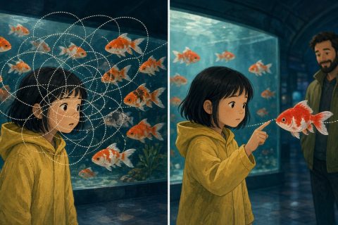 水族馆鱼缸前，女孩随意乱看与沿着一条金鱼从头看到尾的对比