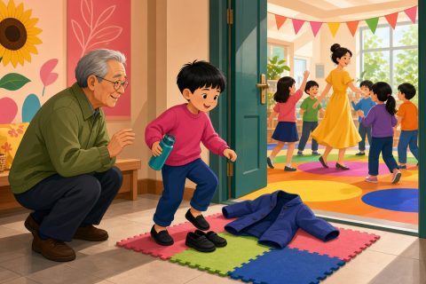 社区活动室门口外公嘱咐男孩挂外套