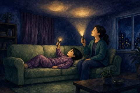 停电的夜晚，女孩躺在沙发上和妈妈一起用手电筒在天花板上照出光圈