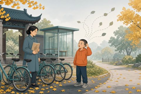 植物园门口晨光里妈妈抽查古诗，橙色卫衣男孩卡在半句挠头