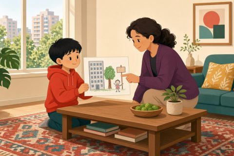 男孩举着自己画的路线图，楼房和大树都画成了正面的样子
