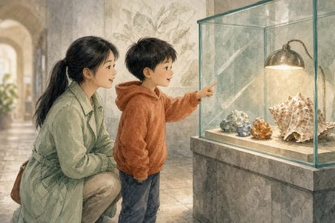 博物馆出口男孩指玻璃柜贝壳妈妈蹲问