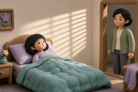 午睡醒来，女孩躺在床上，眼睛顺着百叶窗投在墙上的一条条光影上下移动