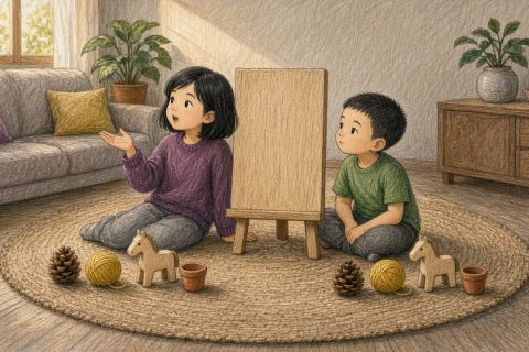 姐弟背靠背坐在地毯上，中间立着画板，各自面前摆着同样的小物件