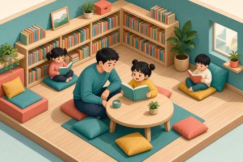 社区绘本馆里，小姑娘把翻开的绘本抱在胸前喊舅舅看，对面的舅舅探身只能看到封底